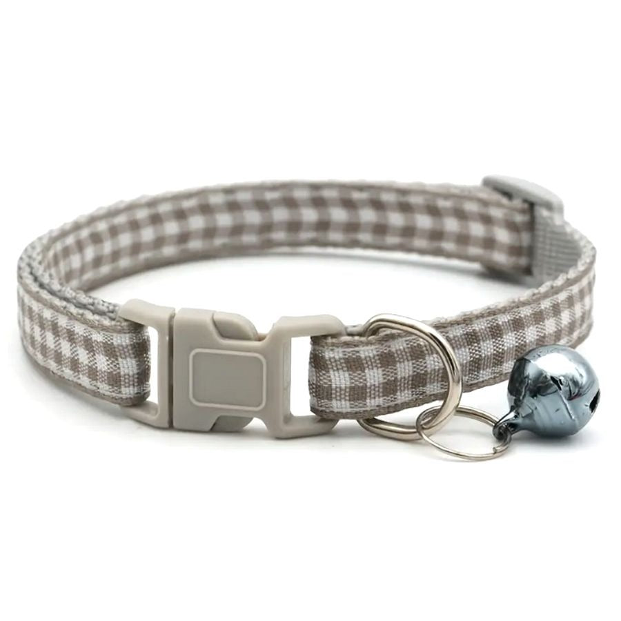 Jamie Jase Khaki Gingham Plaid Bell Accented Cat Collar with Toys Gift Package