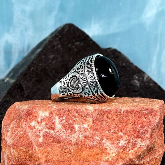 Logan Pineapple Mens Etched Silver Ring Black Onyx Simulate