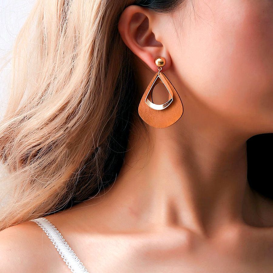 Kaylie Magenta Pink Press Cut Wood Gold Layer Teardrop Earrings Gift Packaged