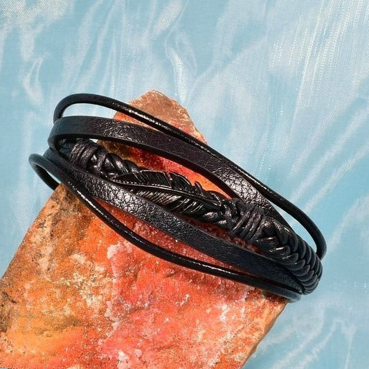 Vault Winston Mens 5 Layer Metal Feather Clasp Leather Bracelet Black Gift Packaged