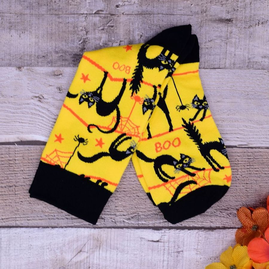Happy Haunts Halloween Boo Socks Black Cats and Spiders Yellow Gift Packaged