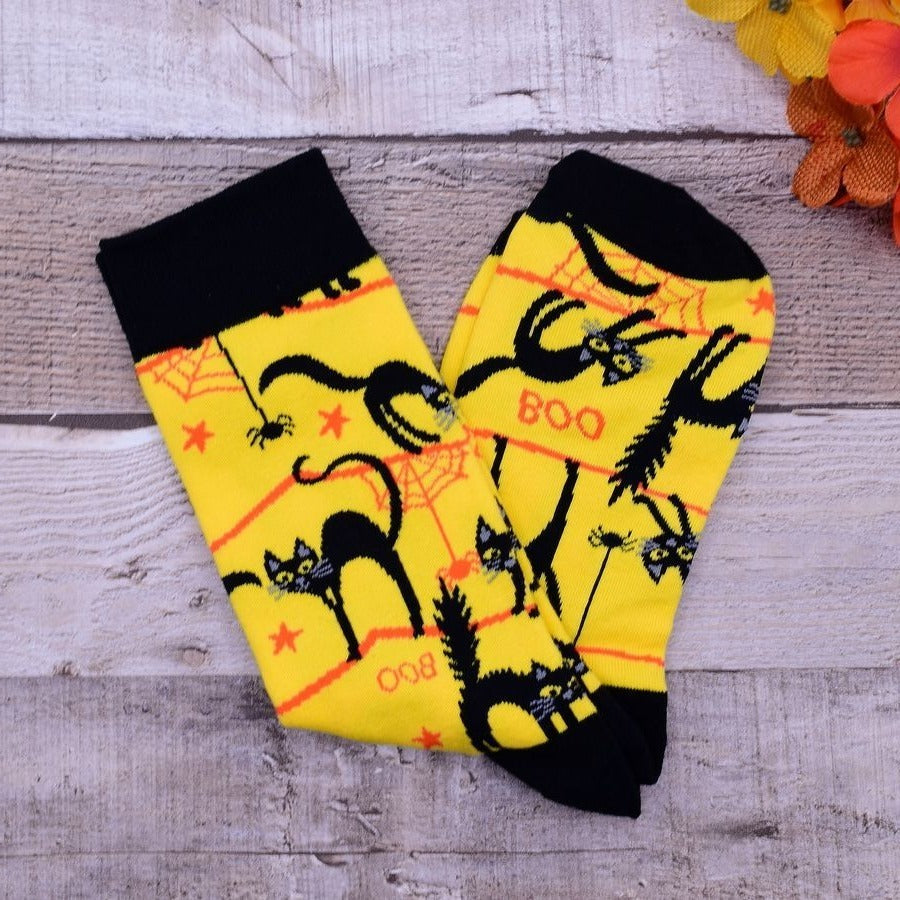 Happy Haunts Halloween Boo Socks Black Cats and Spiders Yellow Gift Packaged
