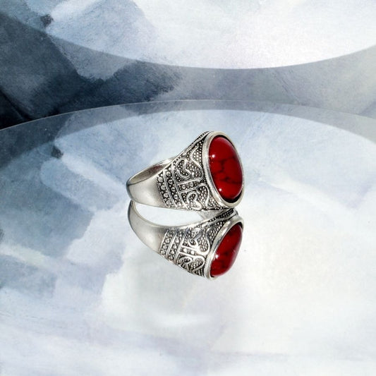 Amore Exalt Mens Red Turquoise Etched Silver Ring Size 7.5