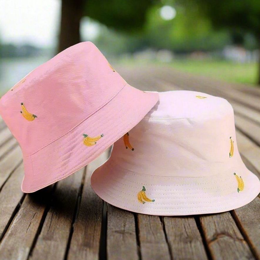 Everlynn Banana Embroidered Reversible Bucket Hat White Pink Gift Packaged