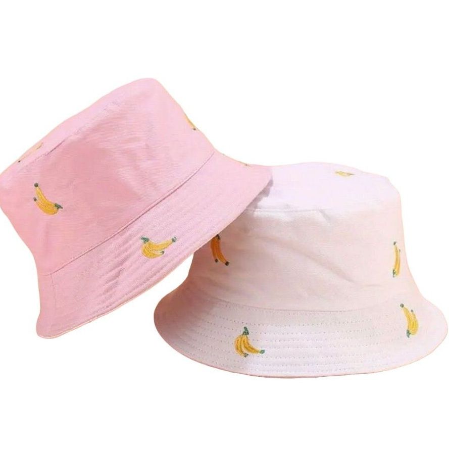 Everlynn Banana Embroidered Reversible Bucket Hat White Pink Gift Packaged