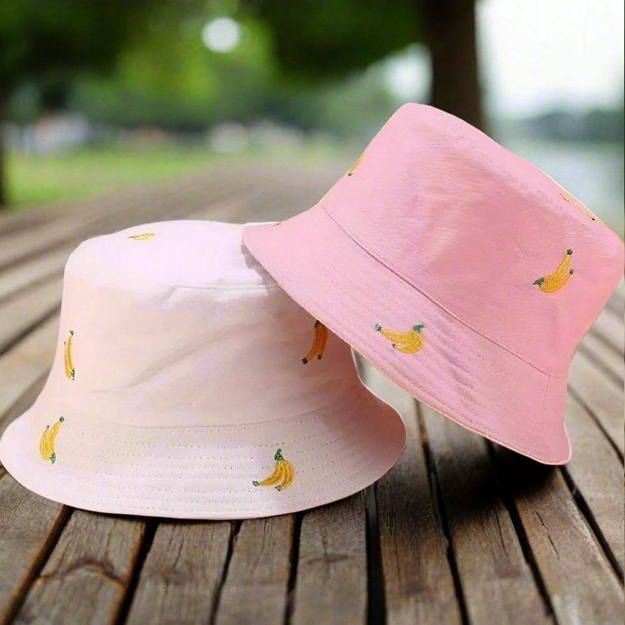 Everlynn Banana Embroidered Reversible Bucket Hat White Pink Gift Packaged