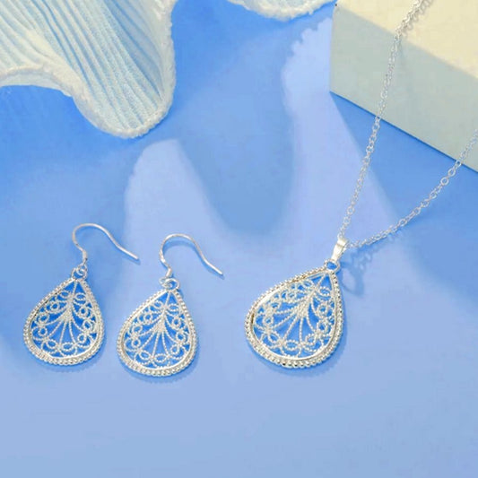 Mikaela Lane Filigree 925 Sterling Silver Teardrop Necklace Earrings Gift Set