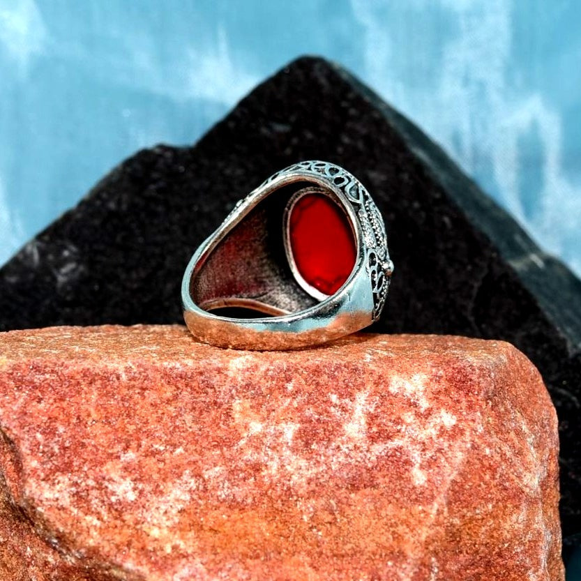 Knox Dragon Mens Size 9.5 Red Oval Turquoise Etched Silver Ring Gift Boxed
