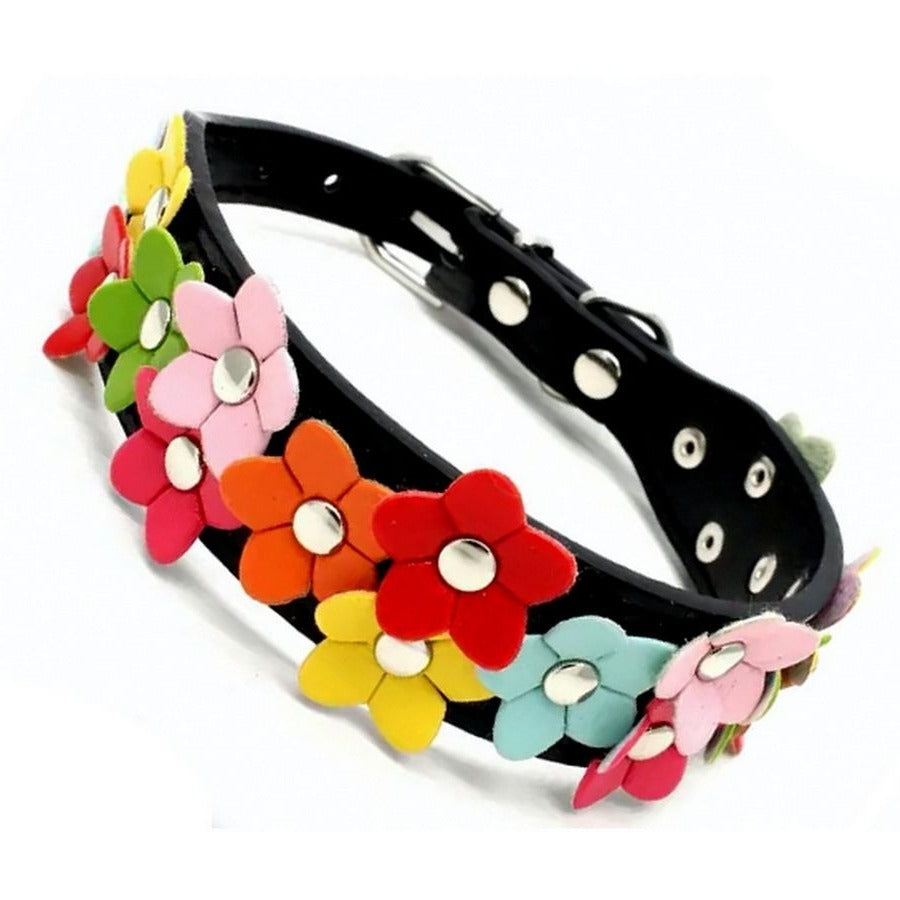 Della Terese Colorful Flowers on Black Dog Collar Extra Small Gift Packaged
