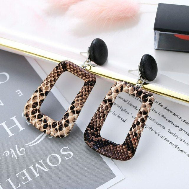 Briella Style Brown Snake Skin Pattern Open Square Dangle Earrings