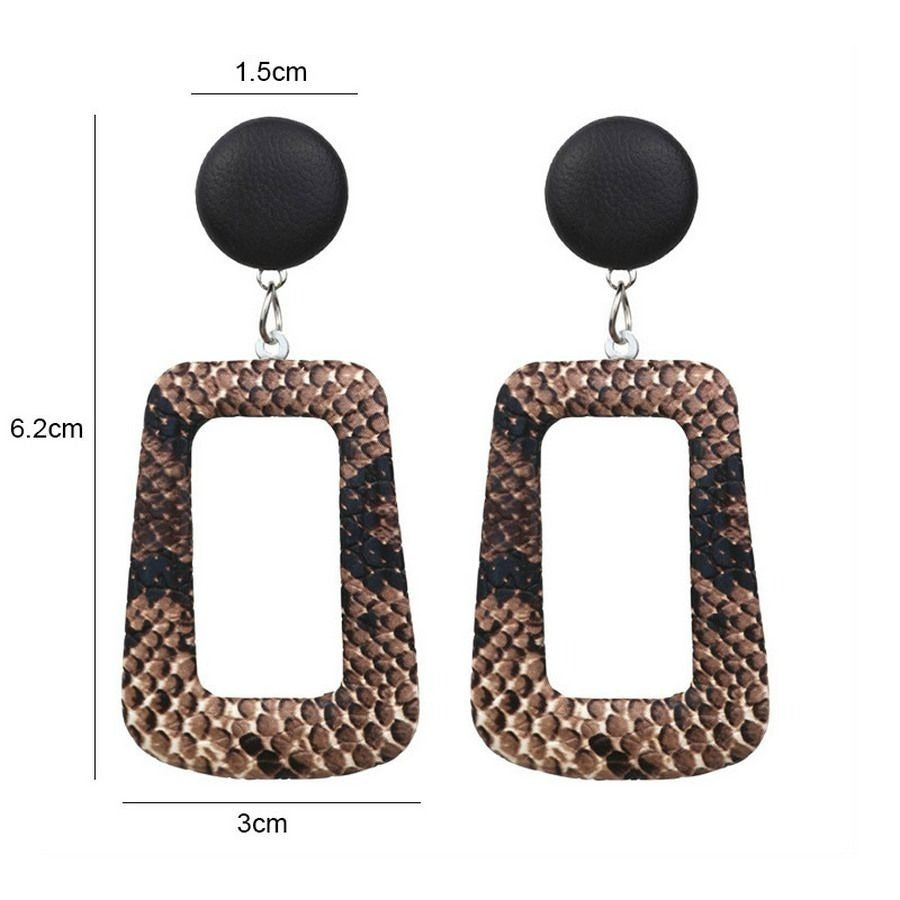 Briella Style Brown Snake Skin Pattern Open Square Dangle Earrings