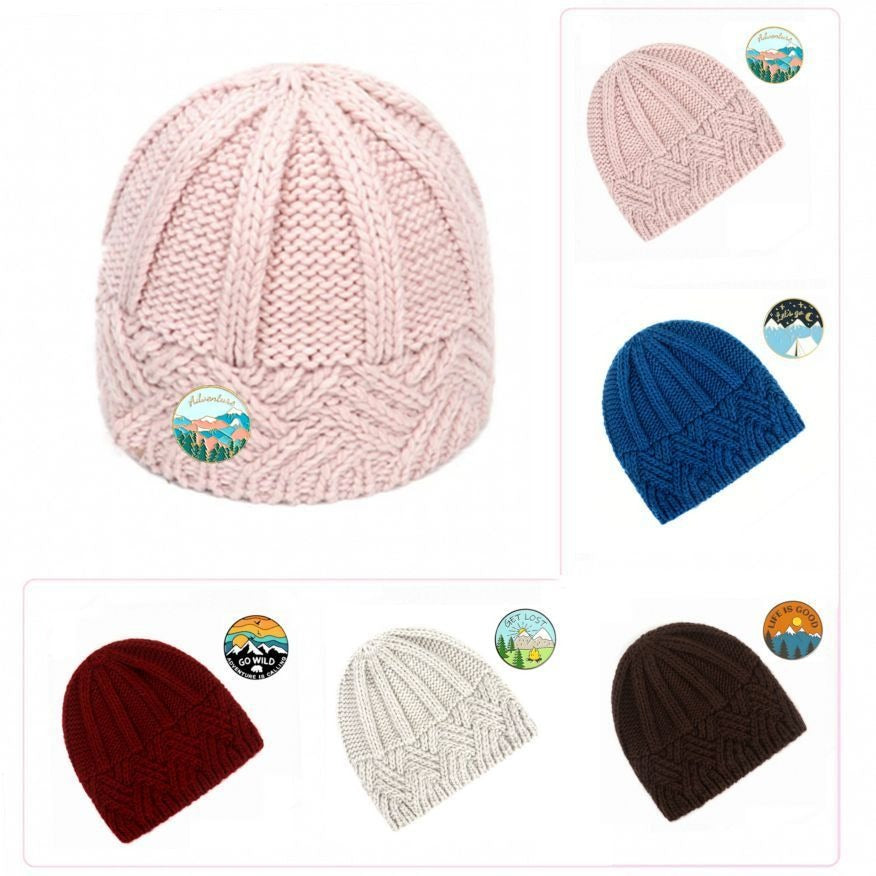 Whitney Brown Crochet Knit Beanie and Mountain Pin Set Gift Packaged