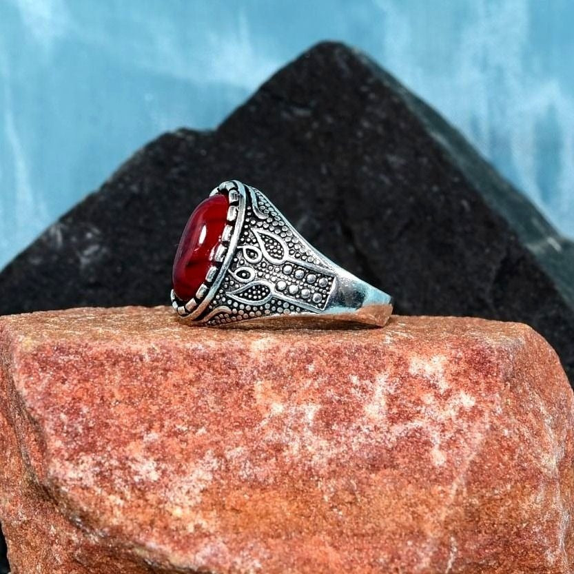 Alden Post Mens Size 10 Oval Red Turquoise Etched Silver Ring Gift Boxed