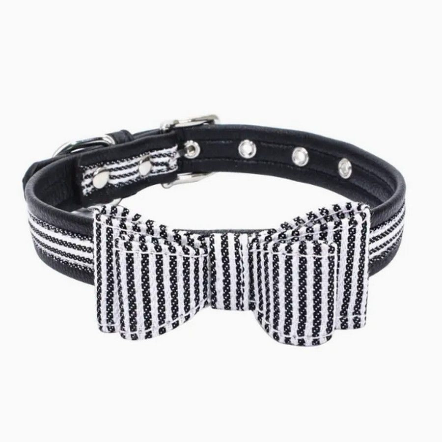 Zach Saylor Medium Dog Black Oxford Stripe Bow Tie Pet Collar Gift Packaged