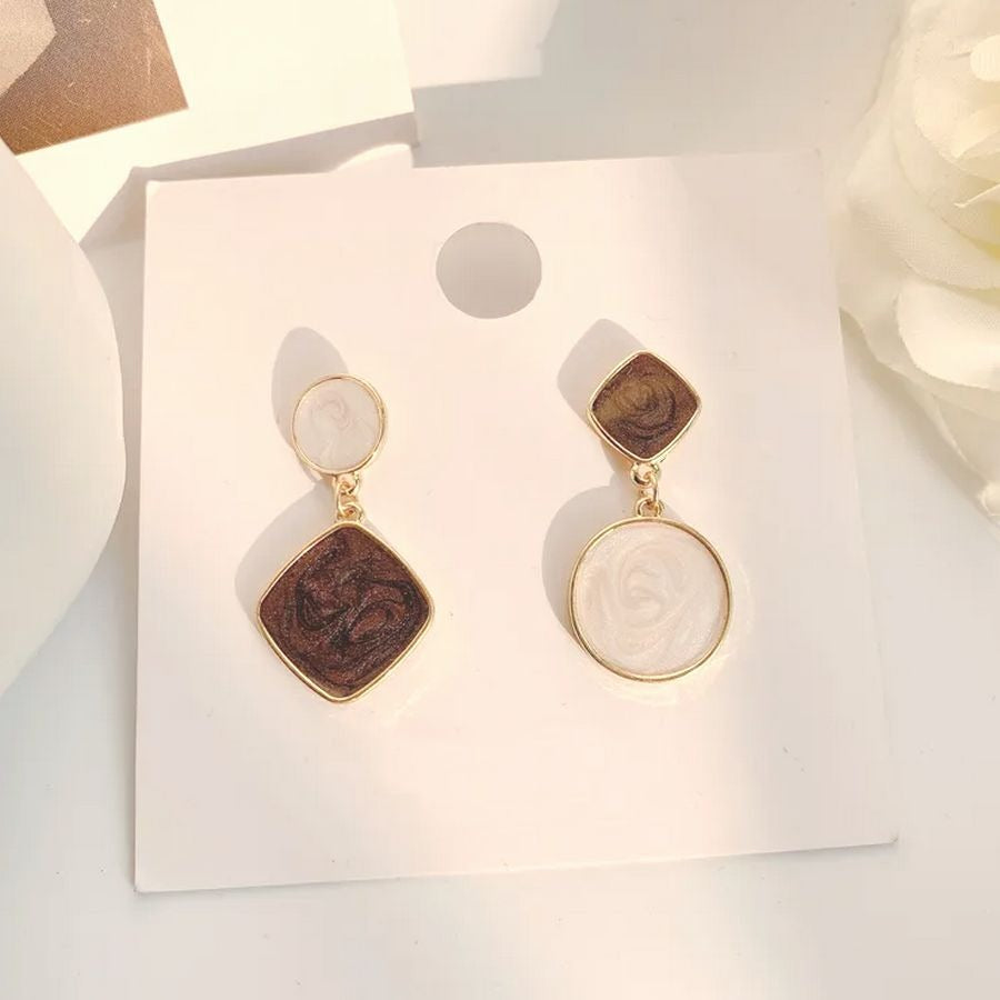 Alina Ellison Enamel Sheen Geo Dangle Earrings Cream Brown Gold Gift Packaged