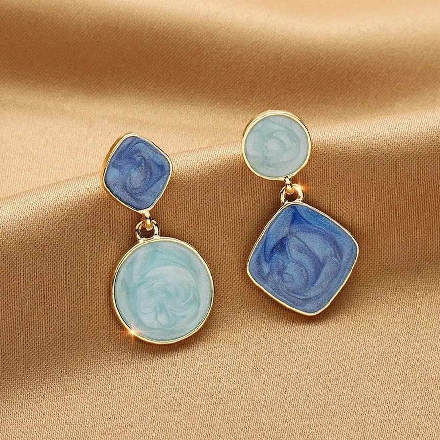 Alina Ellison Enamel Sheen Geo Dangle Earrings Cream Brown Gold Gift Packaged
