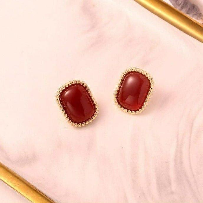 Elisa Carnelian Square Gold Edged Frame Sim Red Onyx Earrings Gift Packaged