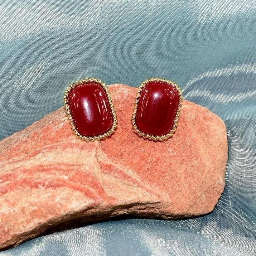 Elisa Carnelian Square Gold Edged Frame Sim Red Onyx Earrings Gift Packaged
