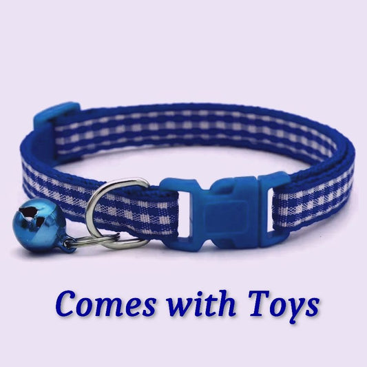Jamie Jase Blue Gingham Plaid Bell Accented Cat Collar with Toys Gift Package