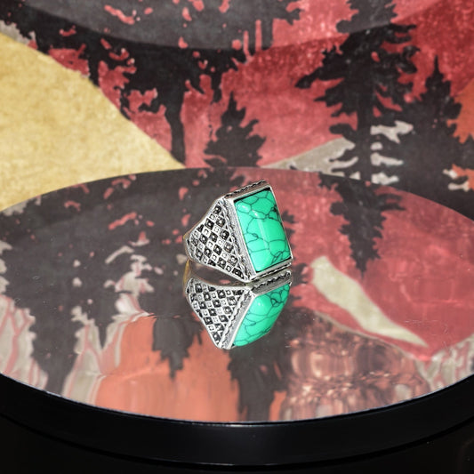 Antice Geo Mens Green Turquoise Etched Silver Ring Size 8