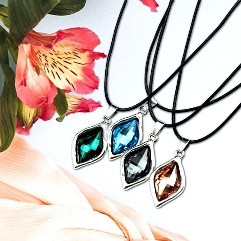 Lexie Sapphire Gray Rhombus Crystal Charm Pendant Leather Necklace Gift Boxed