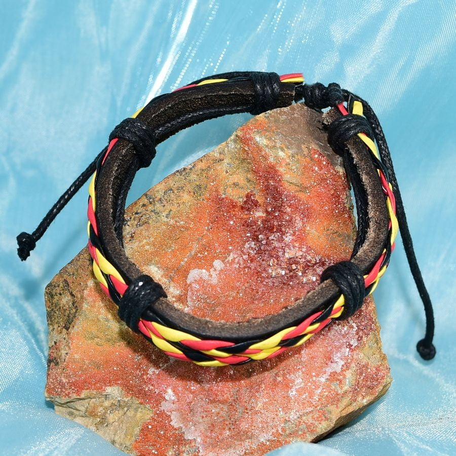 Roja Amarilla Mens Weave Tie Leather Bracelet Black Red Yellow Gift Packaged