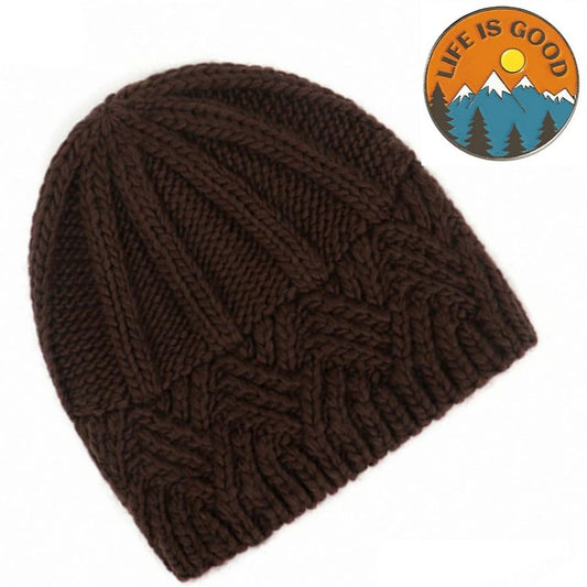 Whitney Brown Crochet Knit Beanie and Mountain Pin Set Gift Packaged