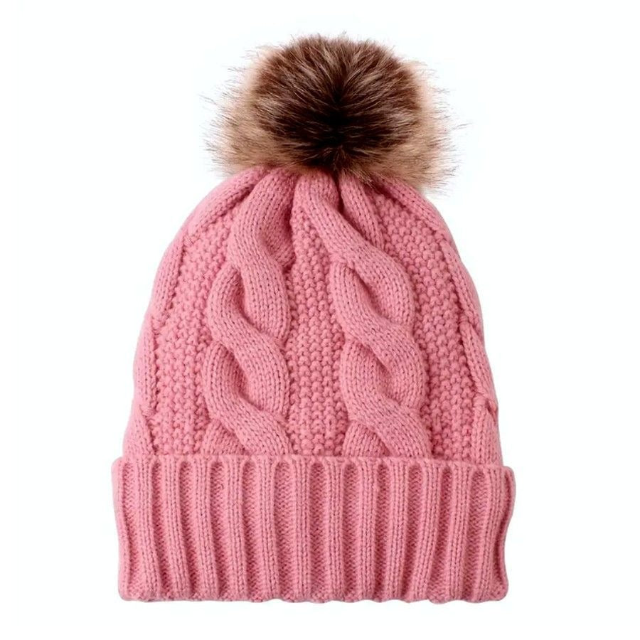 Haylee Glenn Pink Fleece Lined Cable Knit Fur Pom Pom Beanie Hat Gift Packaged