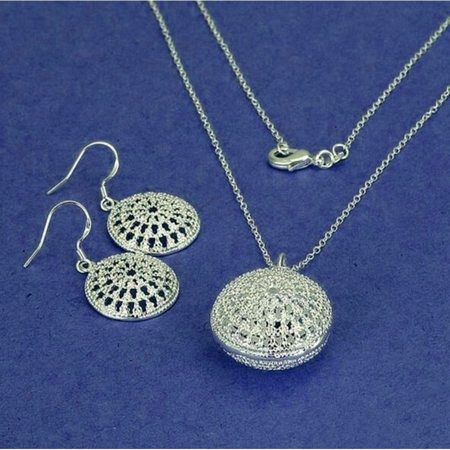 Jacqueline Medallion Sterling Silver Pendant Necklace and Earrings Gift Packaged