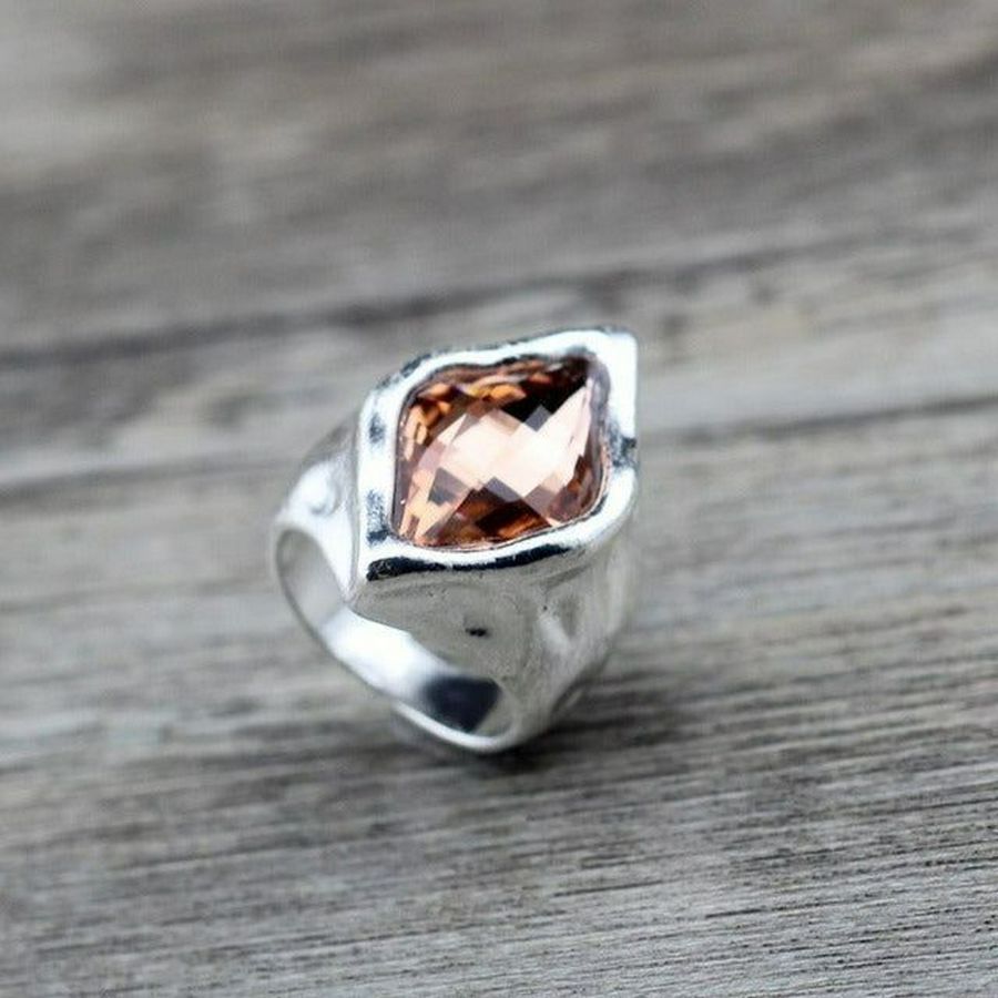 Zuri Cadance Pink Orange Crystal Size 8 Silver Ring Unisex Gift Boxed