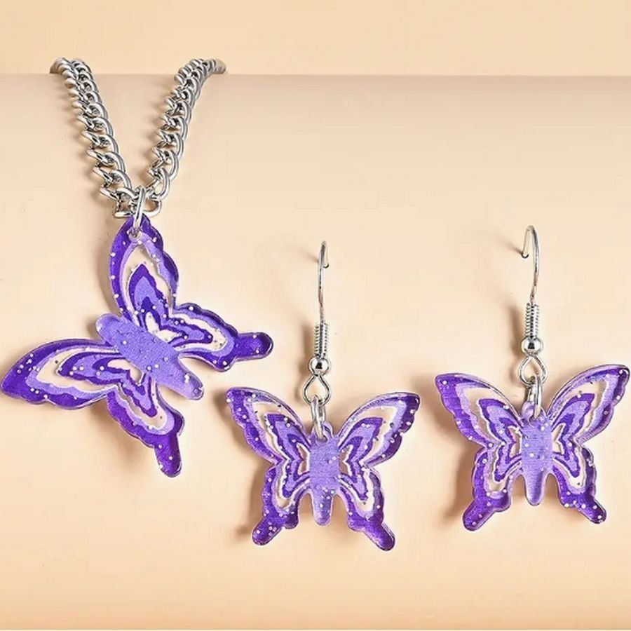 Briella Jesse Colorful Purple Butterfly Necklace and Earrings Set Gift Packaged