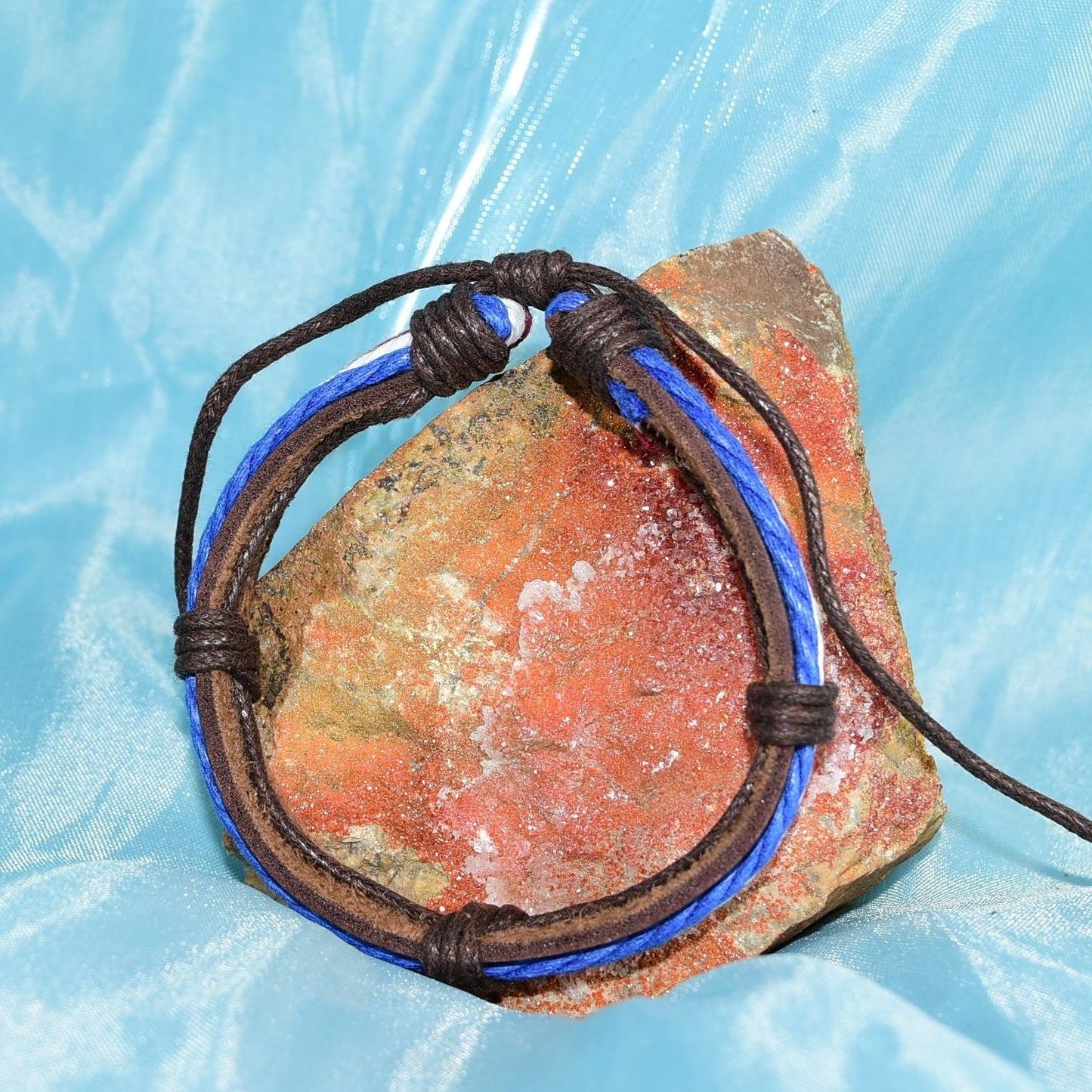 Cameron Mens Layer Hemp Tie Leather Bracelet Brown Red White Blue Gift Packaged