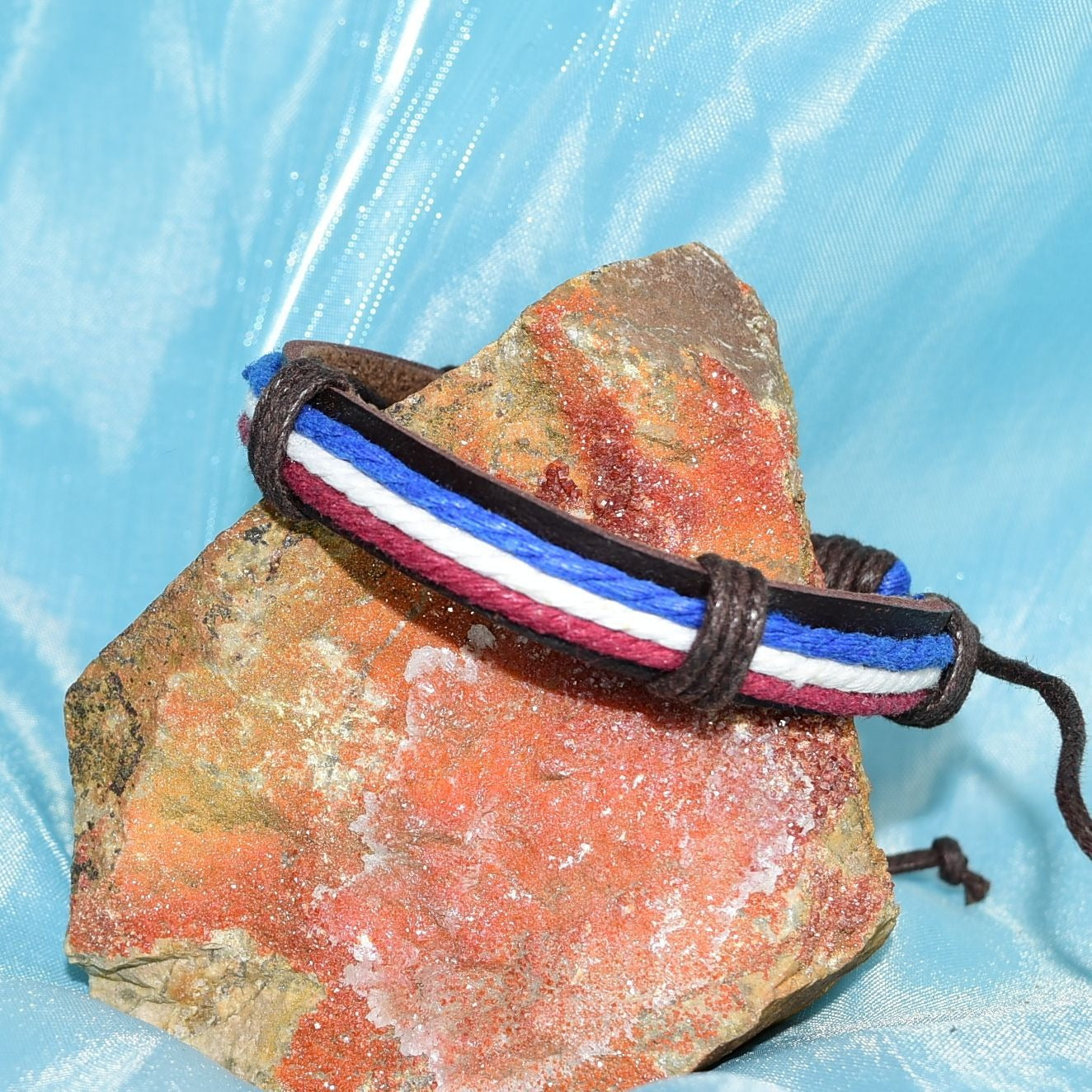 Cameron Mens Layer Hemp Tie Leather Bracelet Brown Red White Blue Gift Packaged