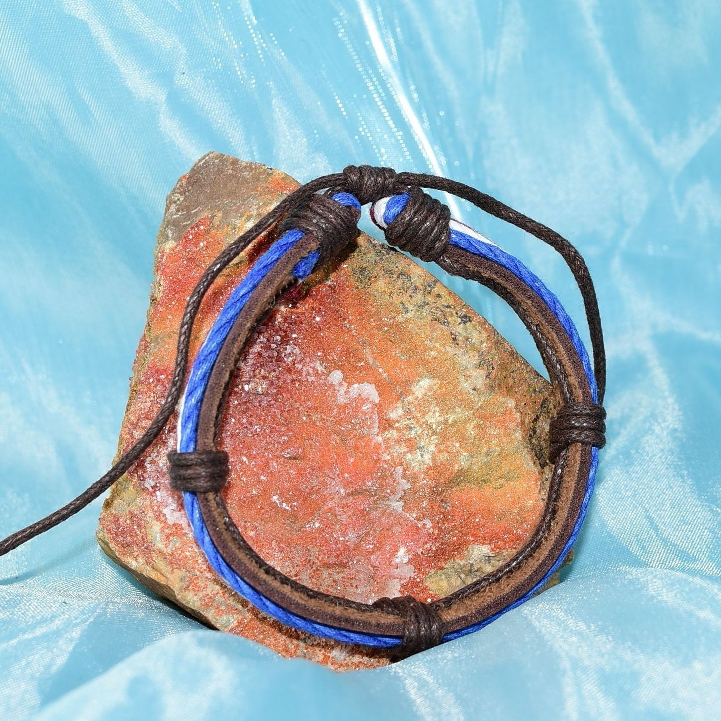 Cameron Mens Layer Hemp Tie Leather Bracelet Brown Red White Blue Gift Packaged