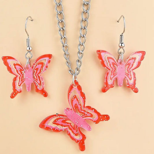 Briella Jesse Colorful Red Butterfly Necklace and Earrings Set Gift Packaged