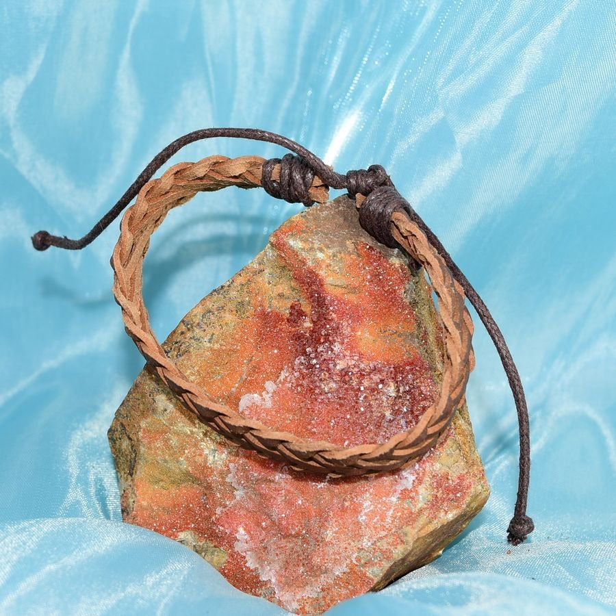 Delta Weathered Weaved Sliding Tie Leather Bracelet Tan Gift Packaged