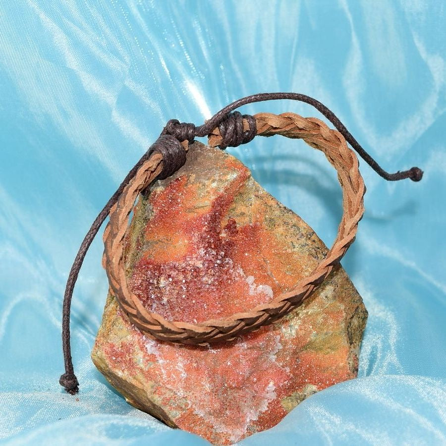 Delta Weathered Weaved Sliding Tie Leather Bracelet Tan Gift Packaged