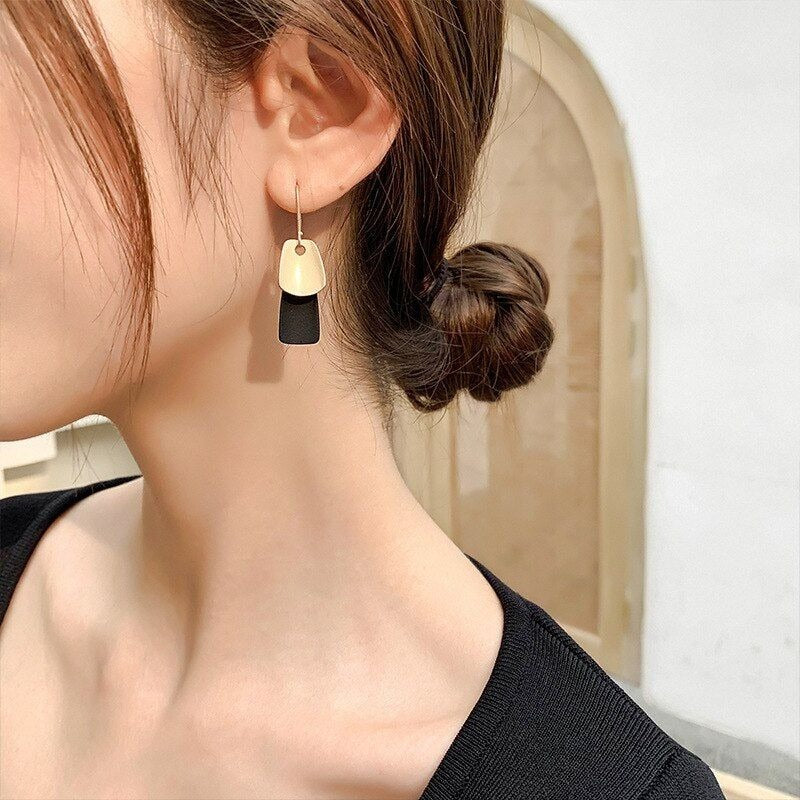 Emmie Jaise Double Layer Petal Dangle Hook Earrings Black Gold Gift Packaged