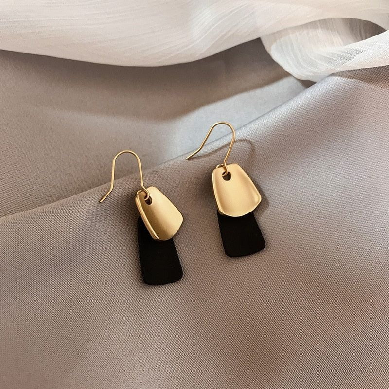 Emmie Jaise Double Layer Petal Dangle Hook Earrings Black Gold Gift Packaged