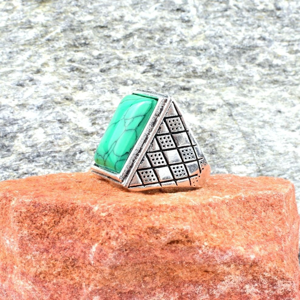 Ridge Rhombus Mens Size 8 Square Green Turquoise Etched Silver Ring Gift Boxed