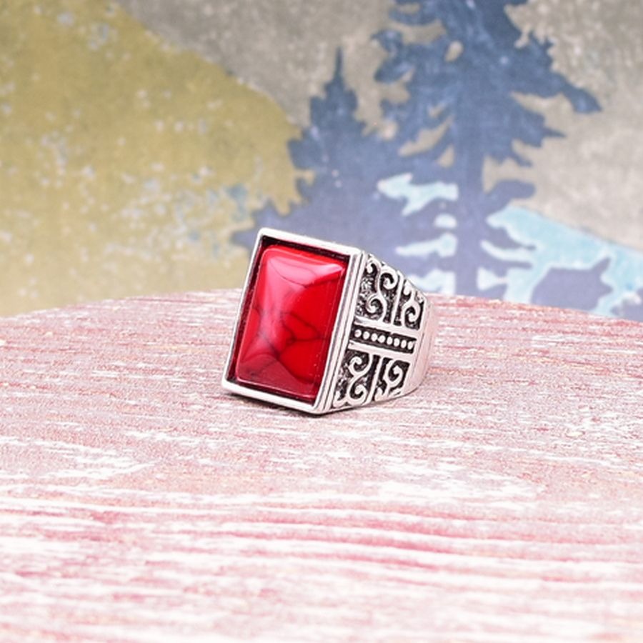 Axton Scroll Size 8 Mens Square Red Turquoise Etched Silver Ring Gift Boxed