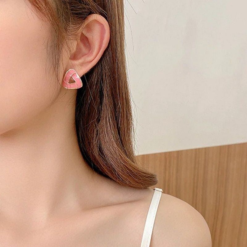 Aspen Artistic Sweet Pink Drip Spun Enamel Open Triangle Earrings Gift Packaged