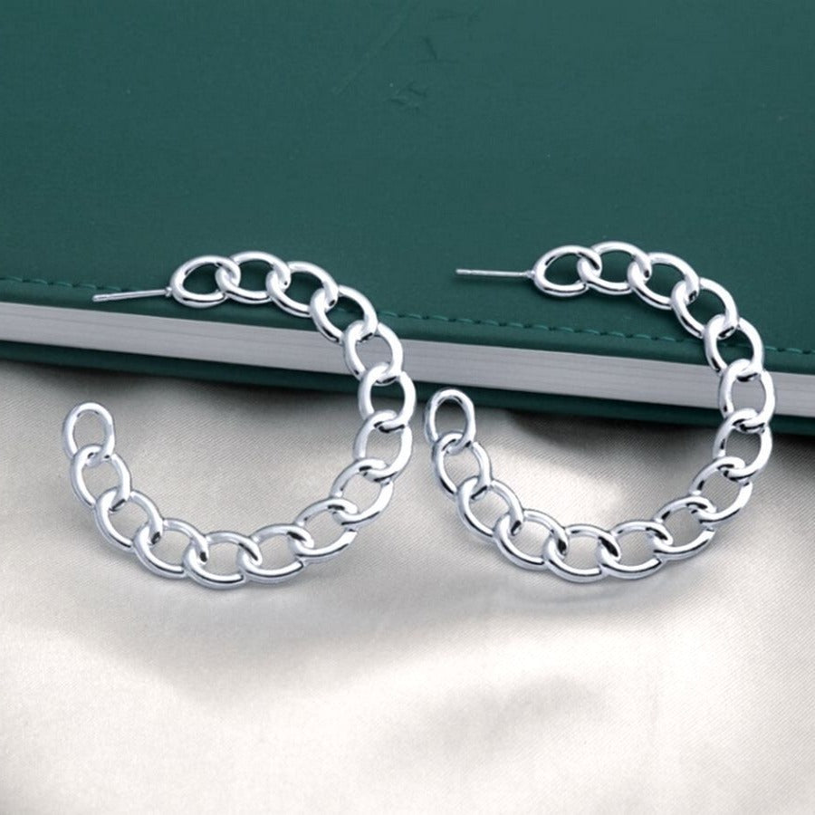 Alyssa Leanne Silver Stationary Link Design Hoop Post Earrings
