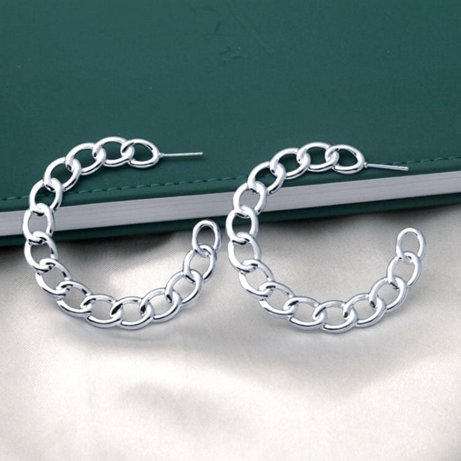 Alyssa Leanne Silver Stationary Link Design Hoop Post Earrings
