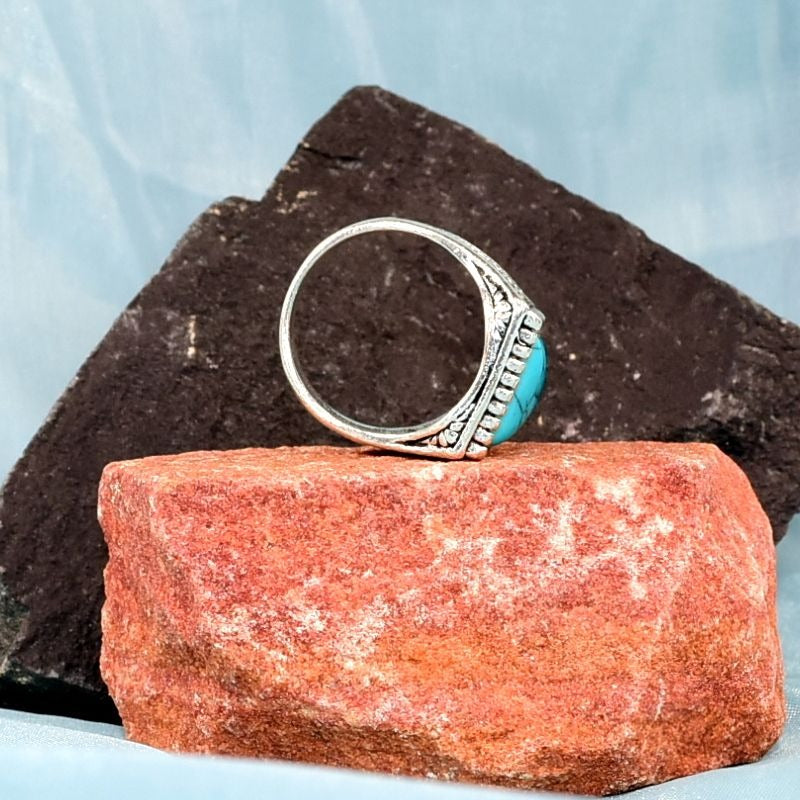 Senthe Stands Mens Size 12 Square Blue Turquoise Etched Silver Ring Gift Boxed