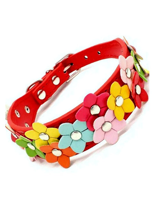 Della Terese Colorful Flowers on Rosy Red Dog Collar Extra Small Gift Packaged