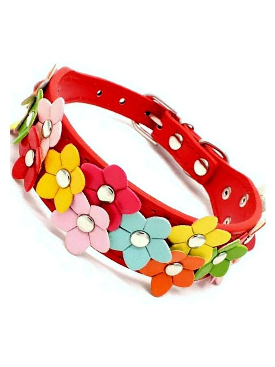 Della Terese Colorful Flowers on Rosy Red Dog Collar Extra Small Gift Packaged