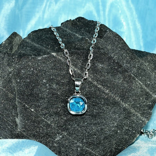 Jemma Topaz Blue Color Square Crystal Pendant Necklace Gift Packaged