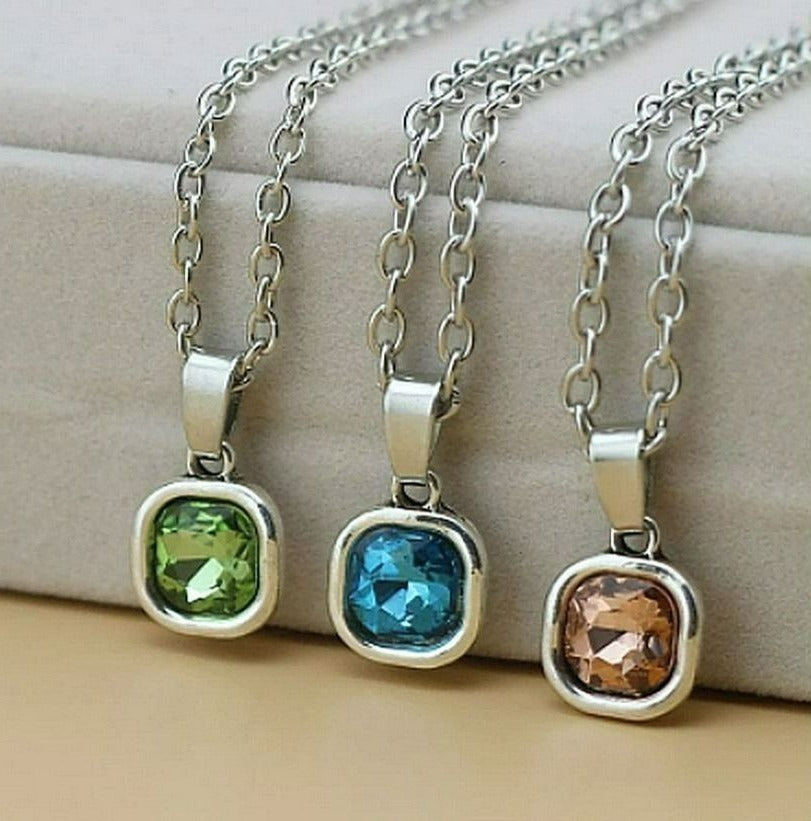 Jemma Topaz Blue Color Square Crystal Pendant Necklace Gift Packaged