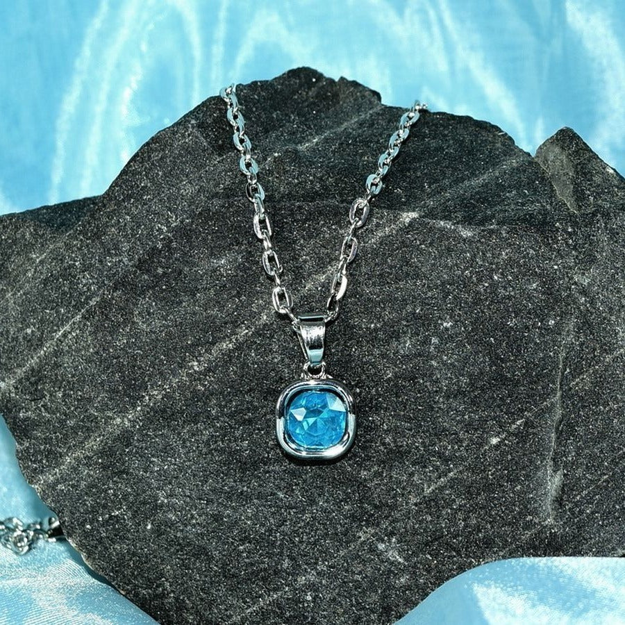 Jemma Topaz Blue Color Square Crystal Pendant Necklace Gift Packaged